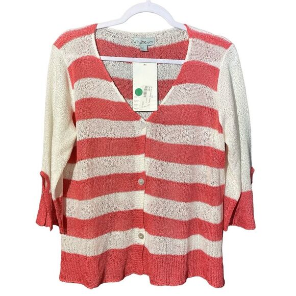NWT WindiRiver Striped Lightweight Button Front Knit cardigan Women's Size Large - Picture 1 of 14